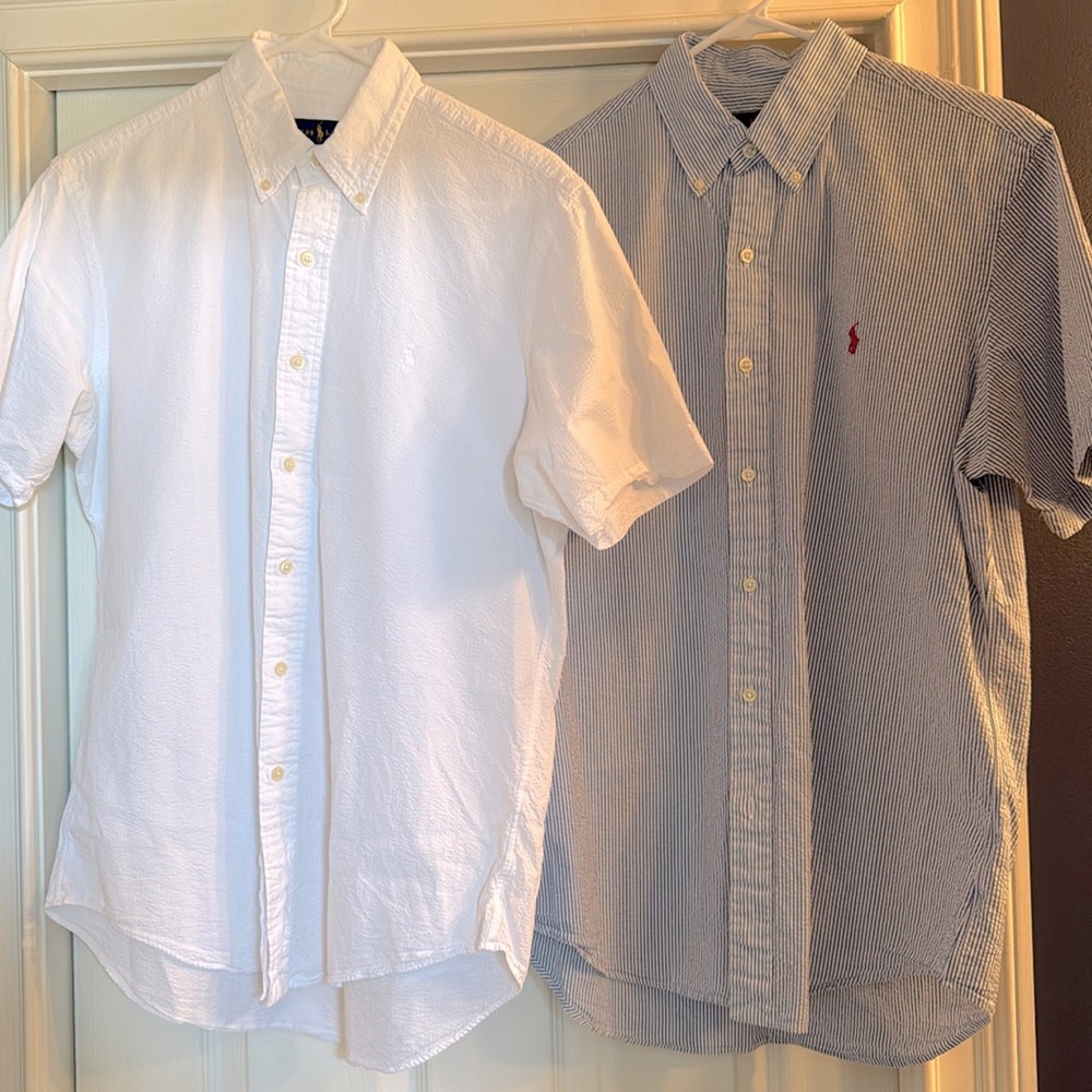 2 Size Med Ralph Lauren Short Sleeve Button Up Performance Seersucker Shirts